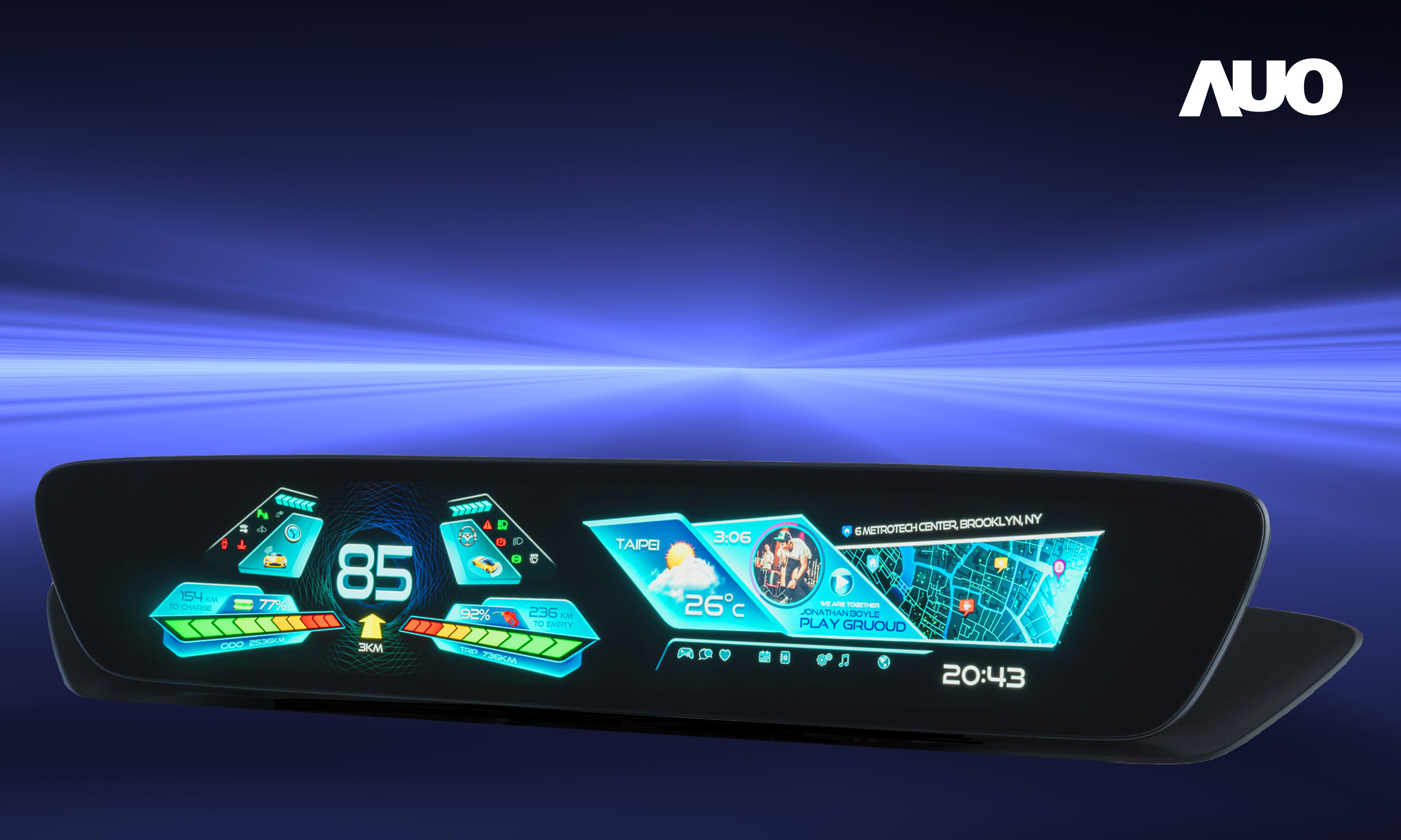 友達30.4吋異形曲面AmLED車載顯示系統，為一兼具儀表板及中控台人機介面的創新車載顯示系統，結合美學設計，提升車內科技沉浸感及使用體驗，讓車載顯示的未來應用更加多元化