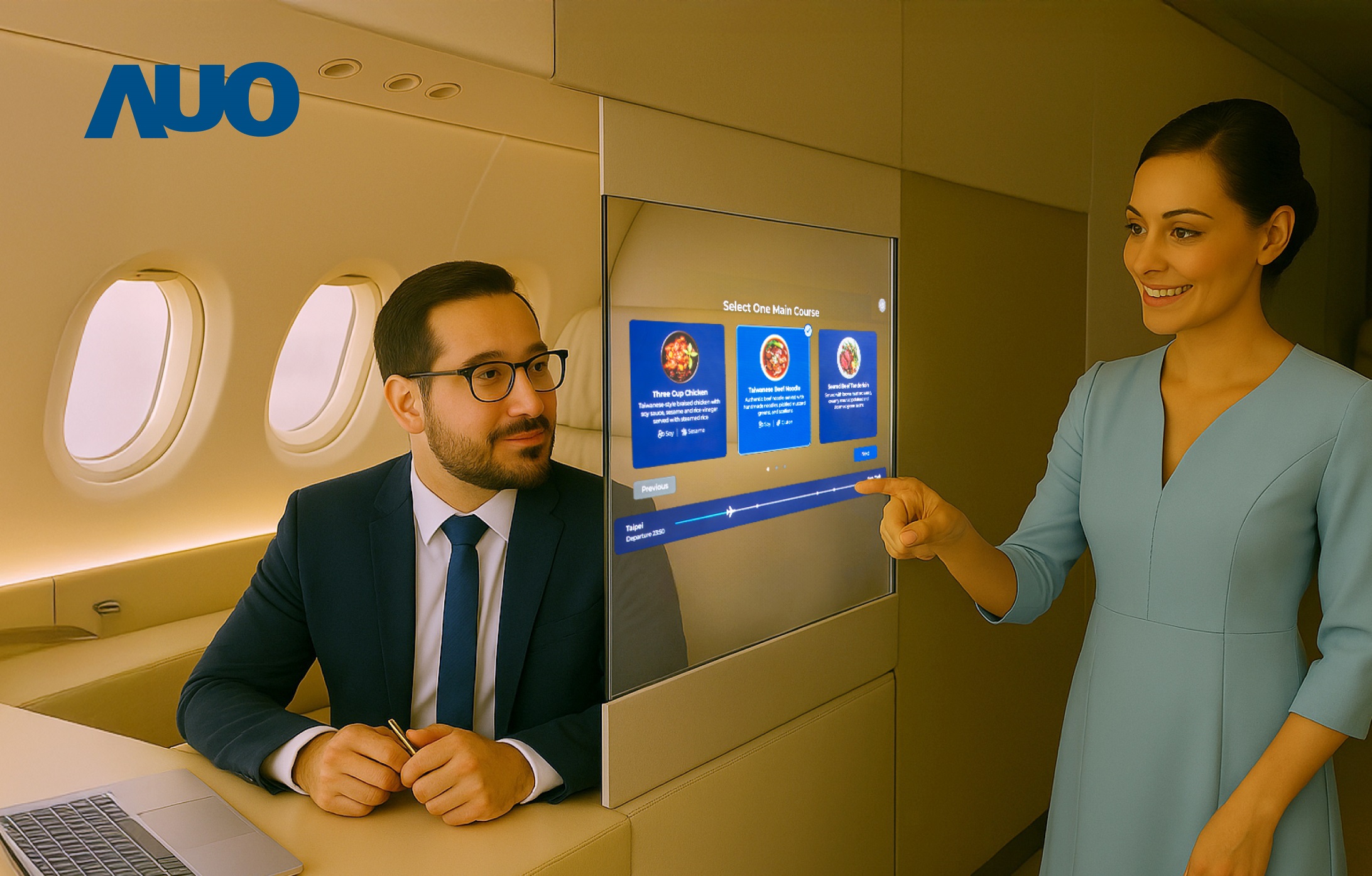 beats365研发全球最薄17.3 吋双面透明 Micro LED 显示器，可在同一屏幕之双边投射不同信息，创造独特的&rdquo;透明化&rdquo;互动；图为实时翻译交流应用情境