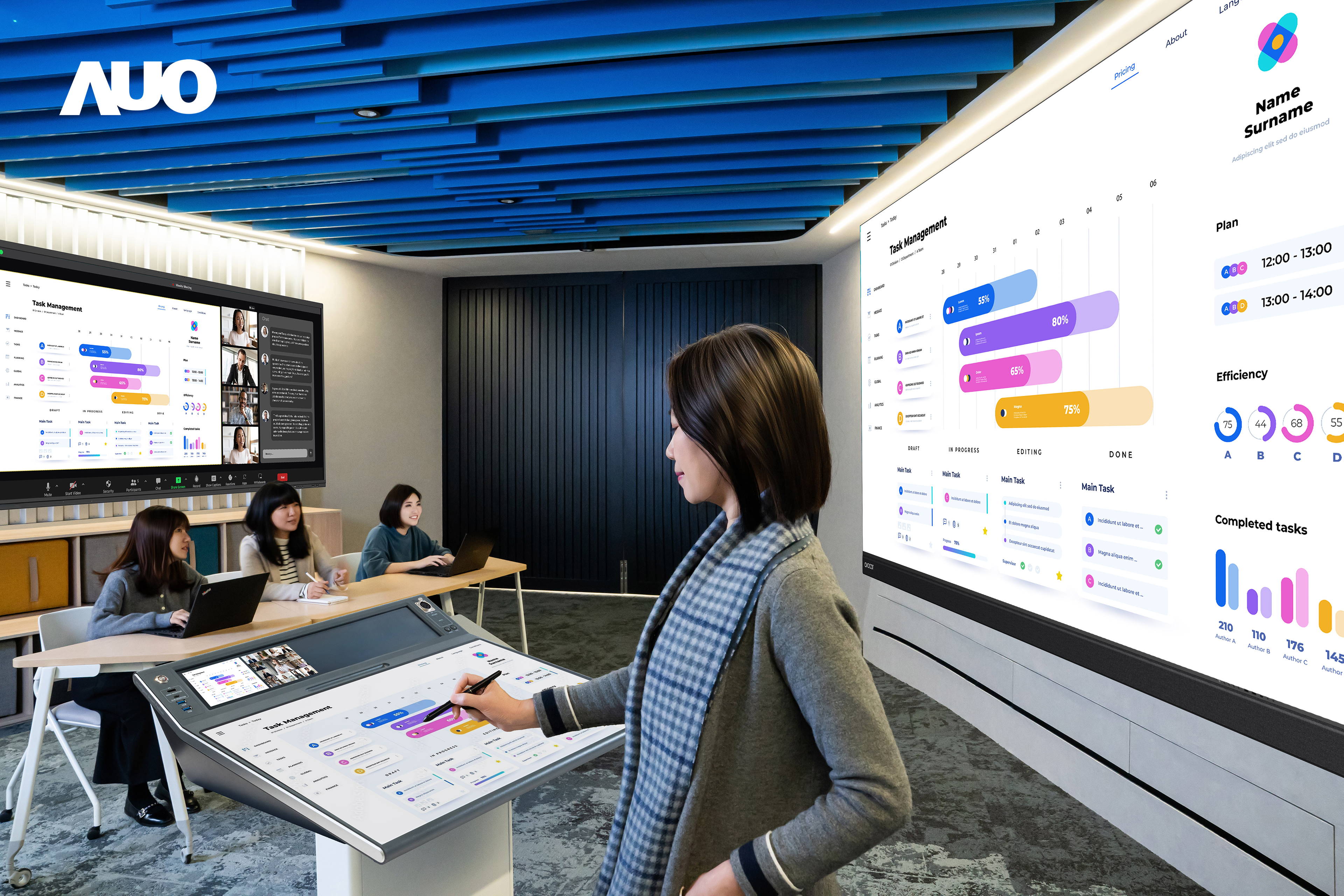 达擎携手Avocor与Rise Vision展示全方位商务领域应用，包含采用模块化设计的138吋一体式All-in-One LED显示器及具21:9超宽比例的92吋交互式电子白板（IFPD），讲者可轻松分享内容，有效提升会议协作效率。